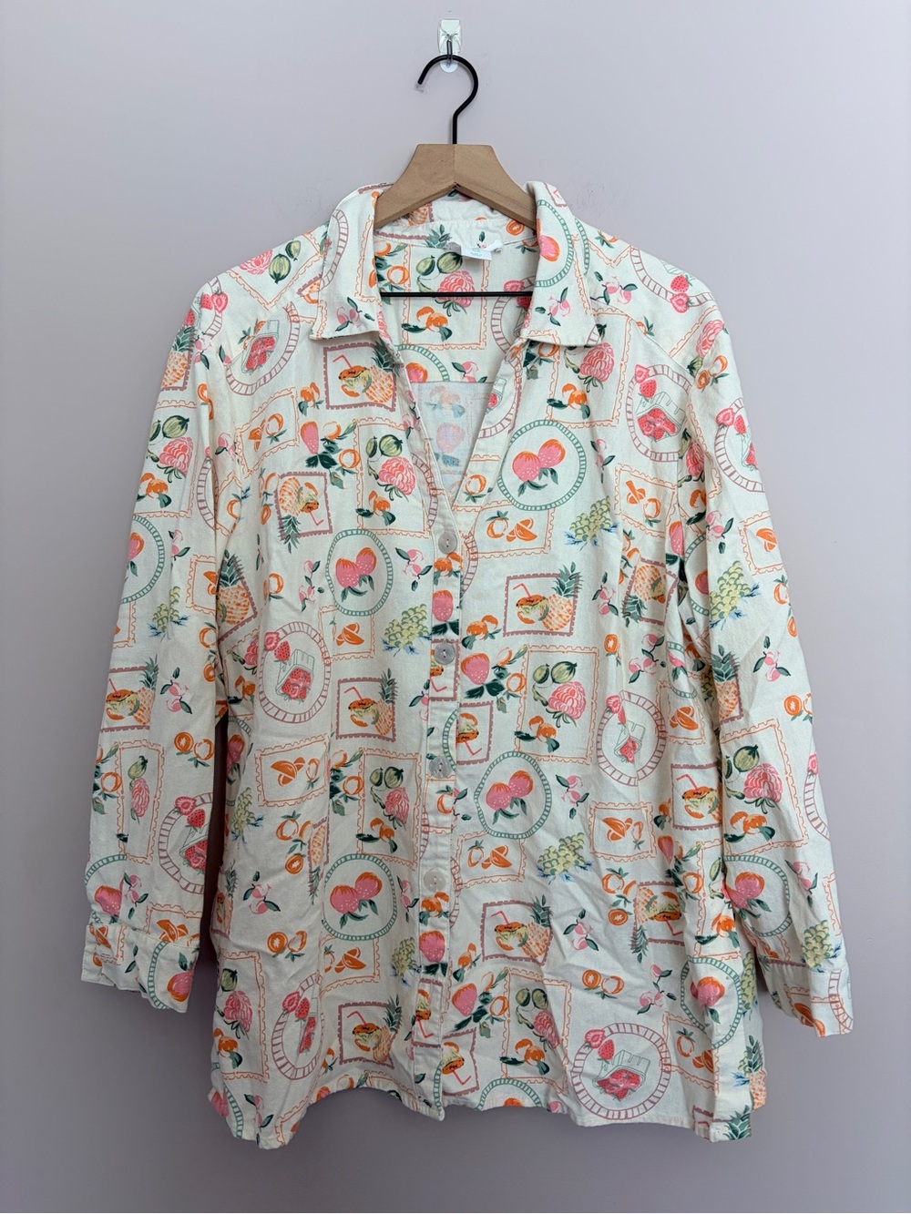 Cynthia Rowley Resortwear Fruit Long Sleeve Linen Blend Button Down 1X
